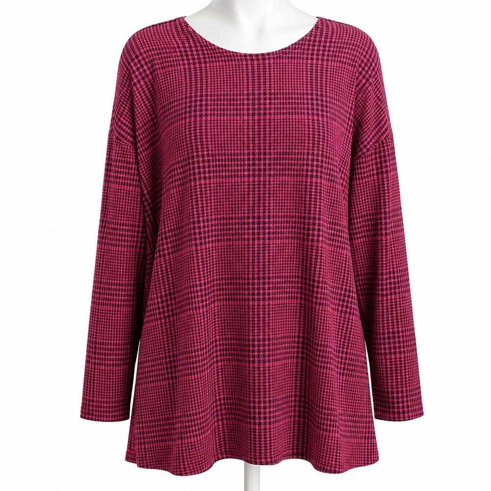 J Jill Simply Supima Cotton Glen Plaid Tunic Top Pink Black Women's XL Shirt